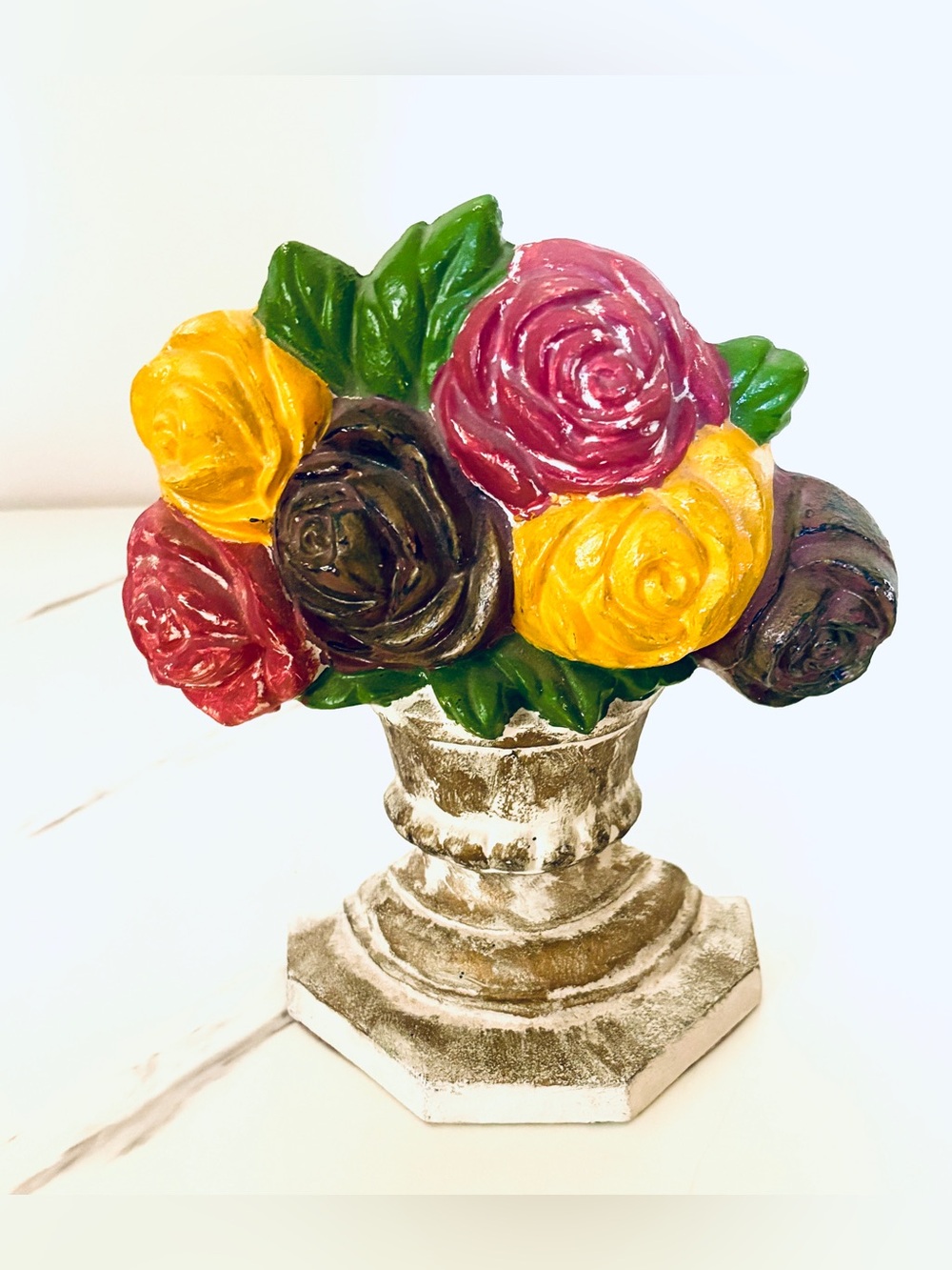 Vintage Cast Iron Painted Roses Urn Doorstop Hollow Back Hubley Style